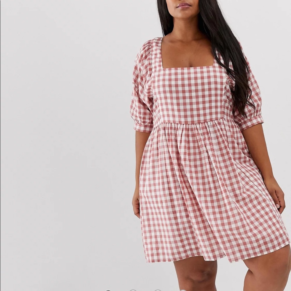 ASOS Curve Square Neck Mini Smock Dress in Gingham